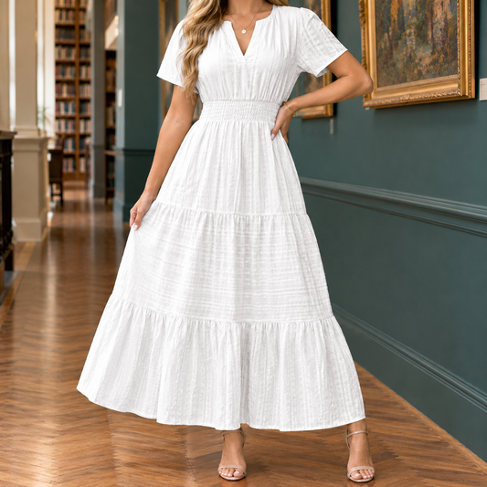 Sabina-Skye Tiered Midi Dress - Women's Shirred Waist Dress