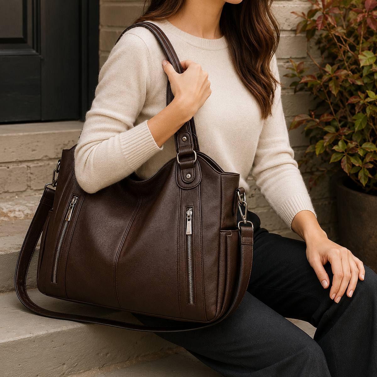 Farina Zip Pocket Tote - Leather Women's Shoulder Bag