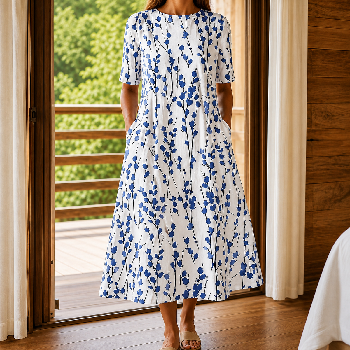 Eva Floral Midi Dress - Women's A-Line Dress with Pockets