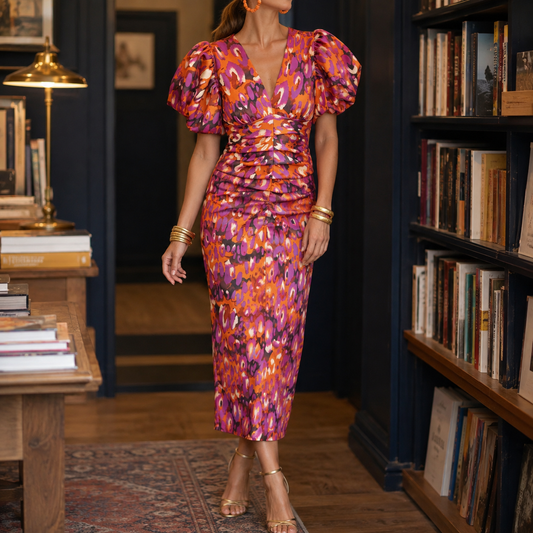 Greta-Mae V-Neck Dress - Women's Puff Sleeve Midi Dress