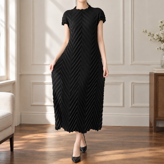 Cerys-Elise Chevron Dress - Women's Pleated Midi Dress