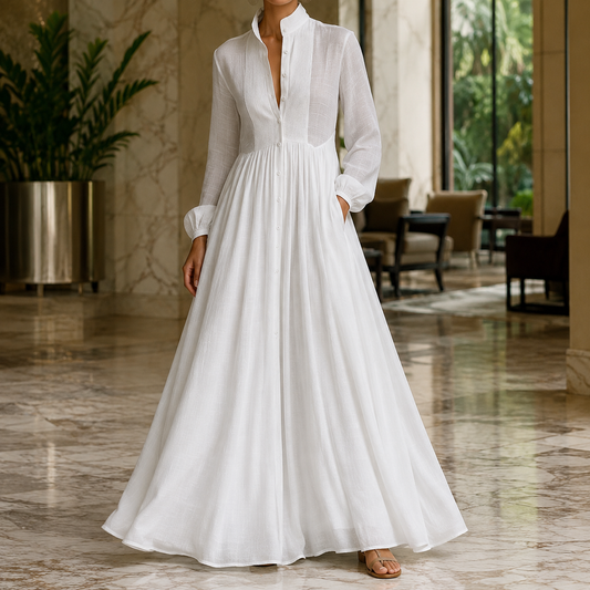 Evangeline Button-Front Maxi Dress - Women's Cotton Linen