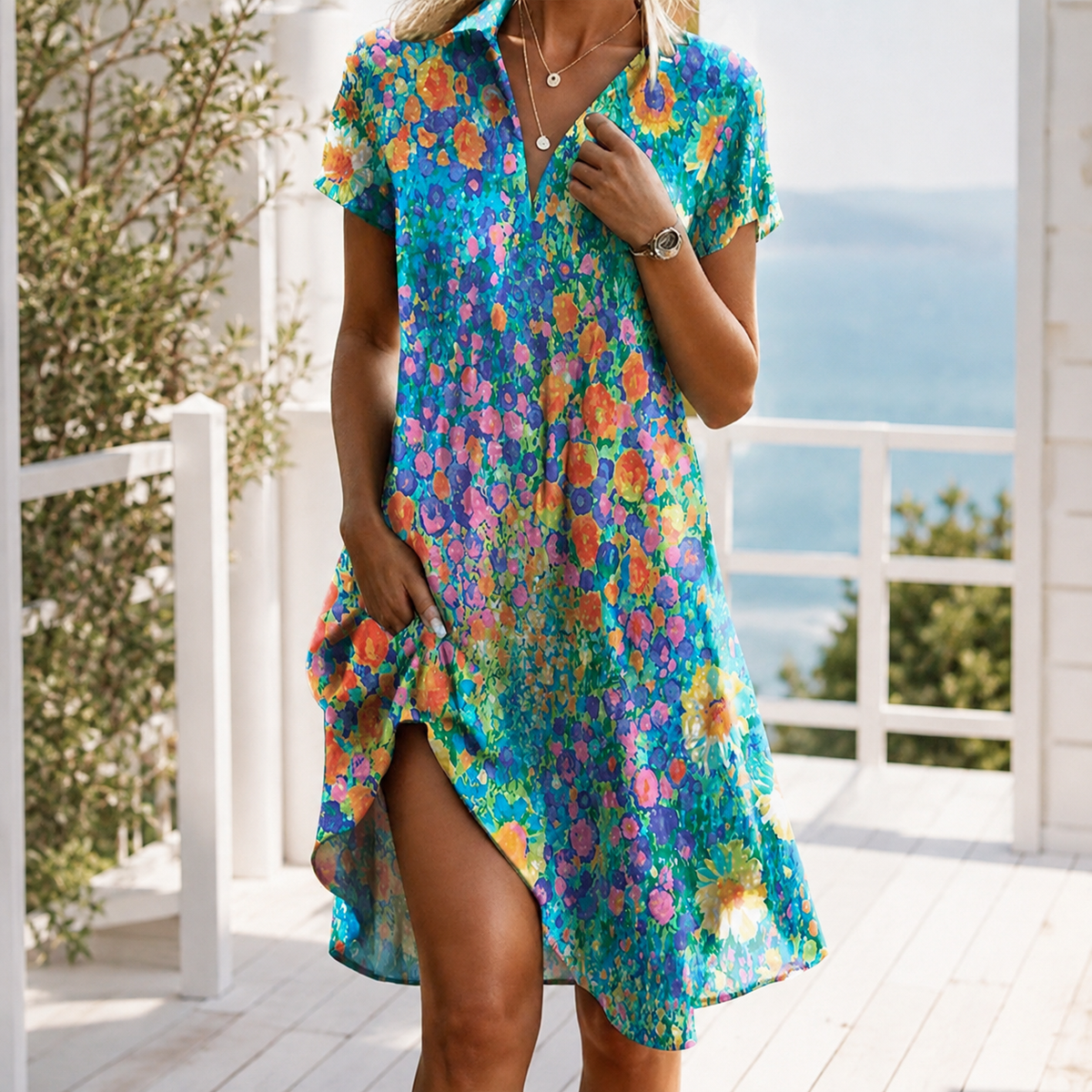 Aimee-Jane Boho Dress - Women's Short Sleeve Midi Dress