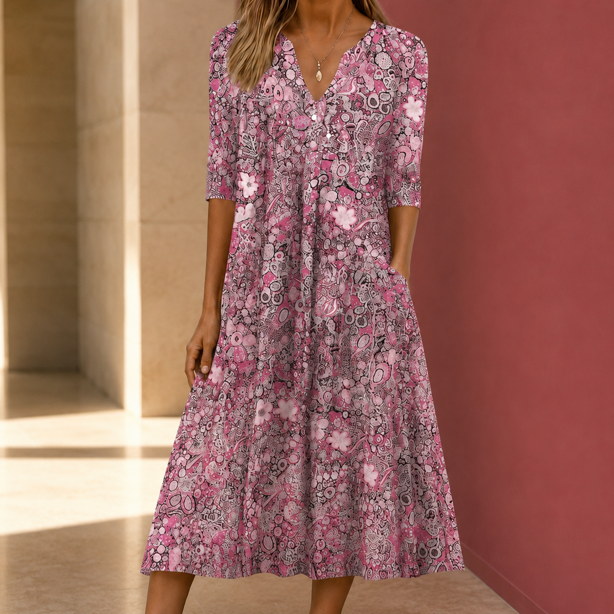 Nadia-Claire Printed Midi Dress - Women's V-Neck Dress