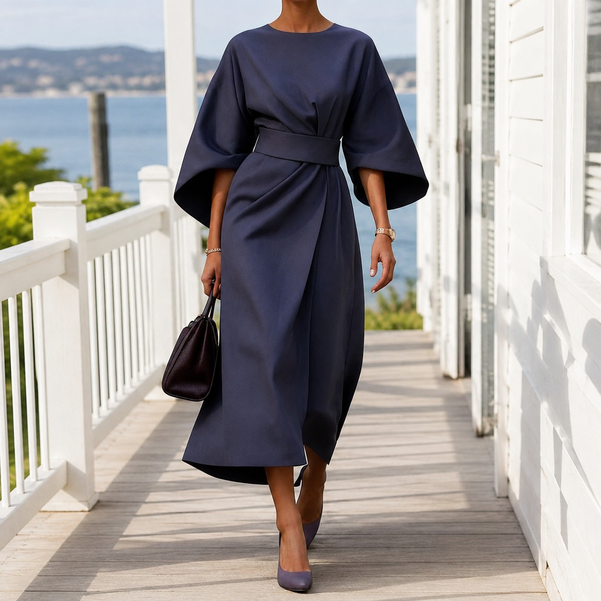 Astrid-Hope Belted Midi Dress - Women's Cape Sleeve Dress