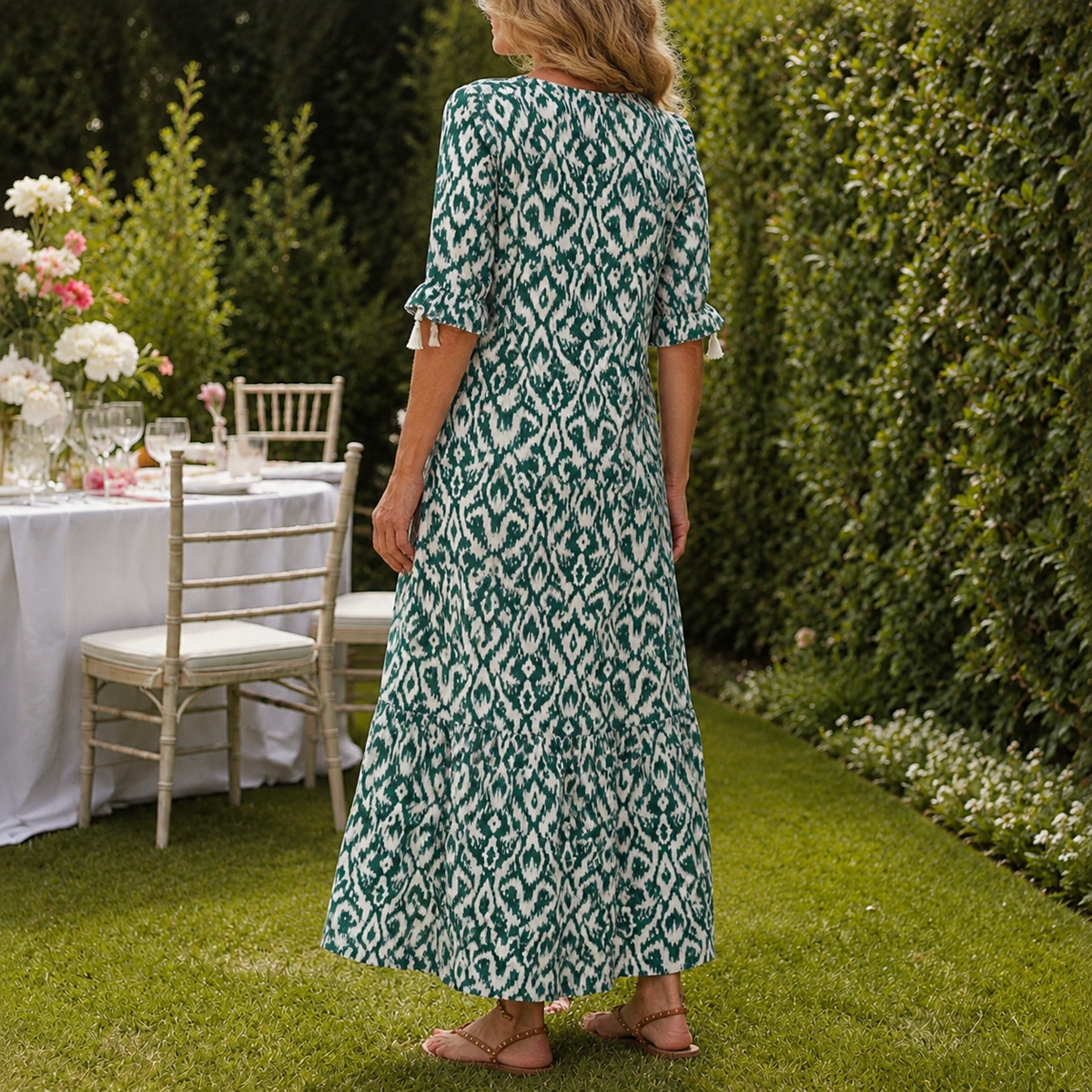 Ada Ikat Maxi Dress - Women's Tassel Tie V-Neck Dress