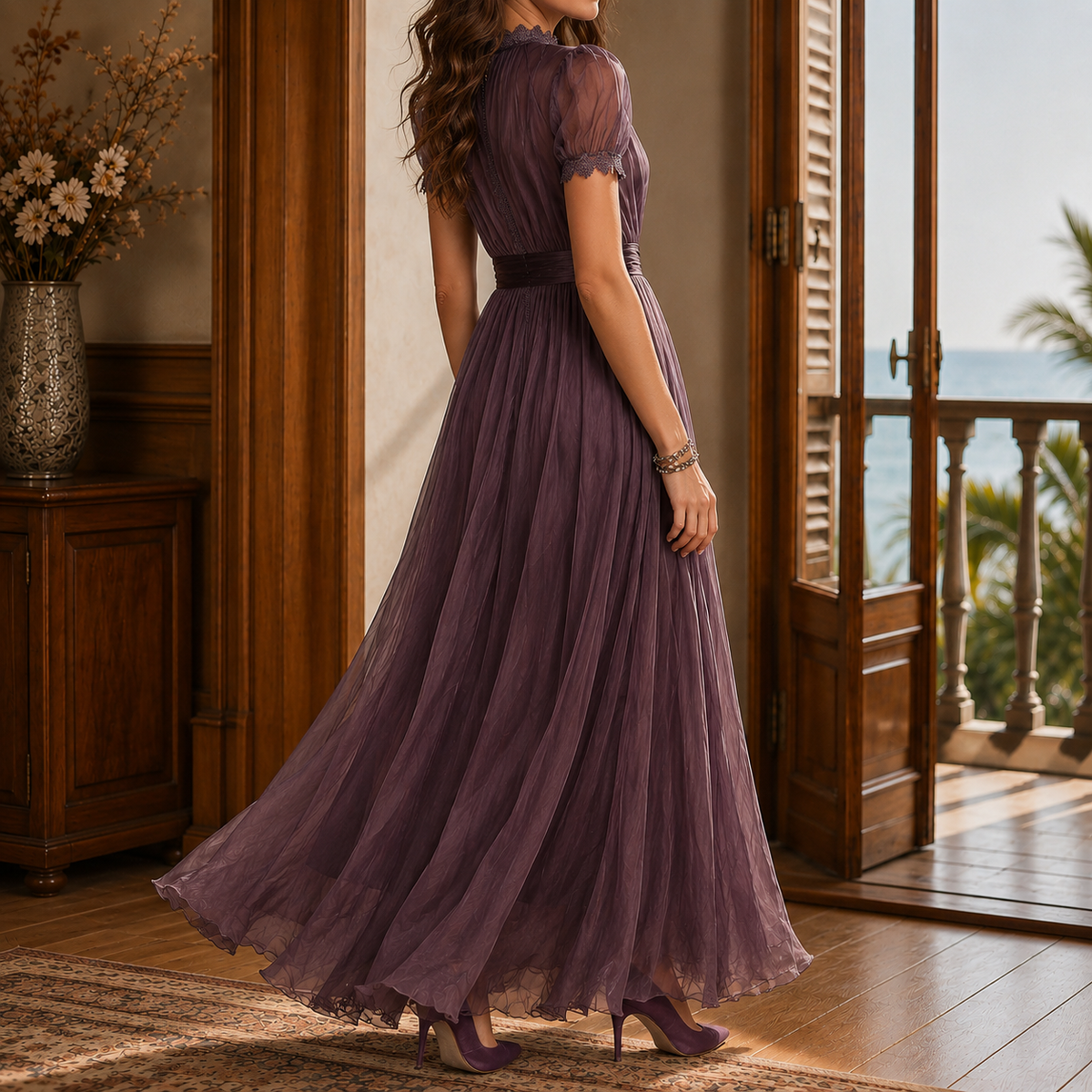 Theodora-Mae Keyhole Maxi Dress - Women's Puff Sleeve