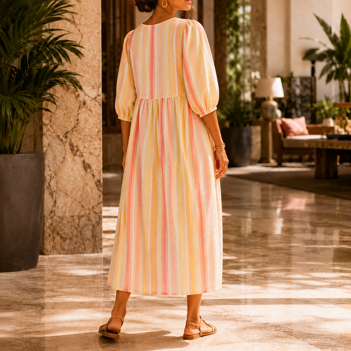 Audrey Striped Midi Dress - Balloon Sleeve Women's Dress