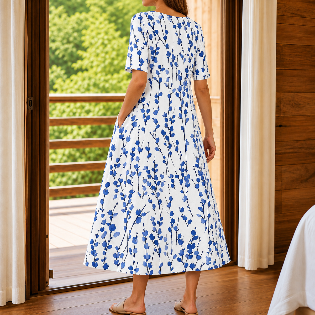 Eva Floral Midi Dress - Women's A-Line Dress with Pockets