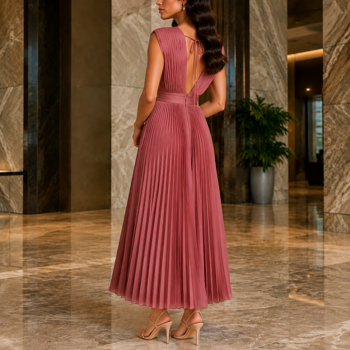 Marisol-Skye Pleated Maxi Dress - Women's V-Neck Dress