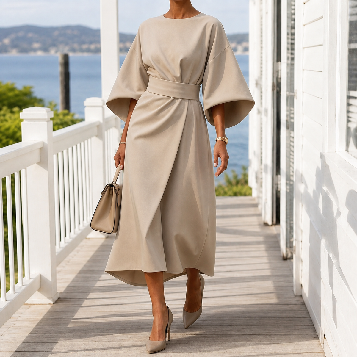 Astrid-Hope Belted Midi Dress - Women's Cape Sleeve Dress