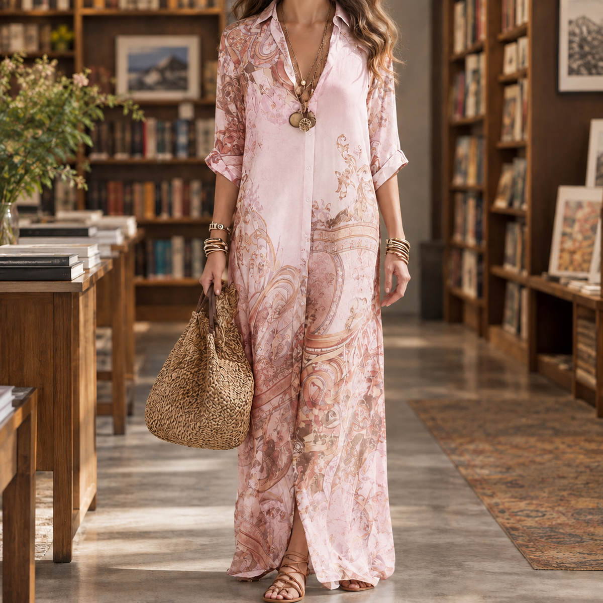 Heloise Printed Maxi Dress - Women's Button Front Dress