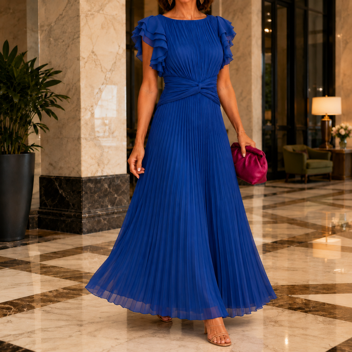 Renata-Jade Pleated Dress - Women's Twist Waist Maxi Dress