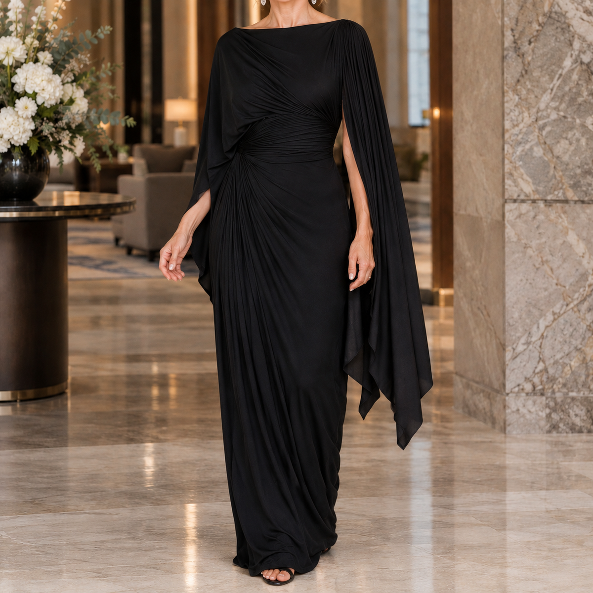 Annabel-Hope Ruched Cape Dress - Women's Maxi Gown