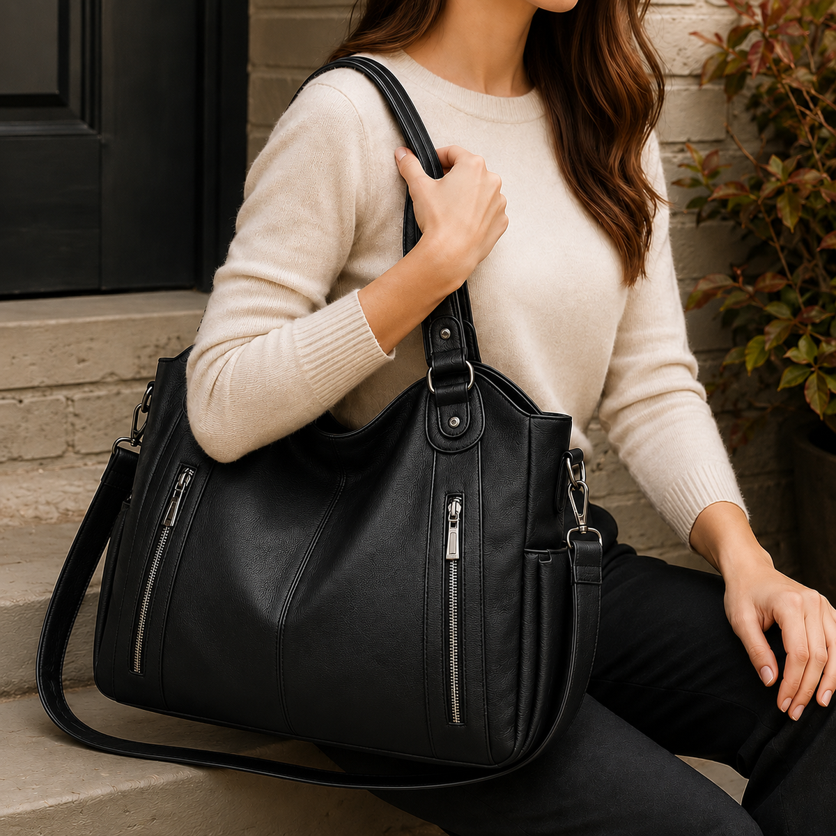 Farina Zip Pocket Tote - Leather Women's Shoulder Bag