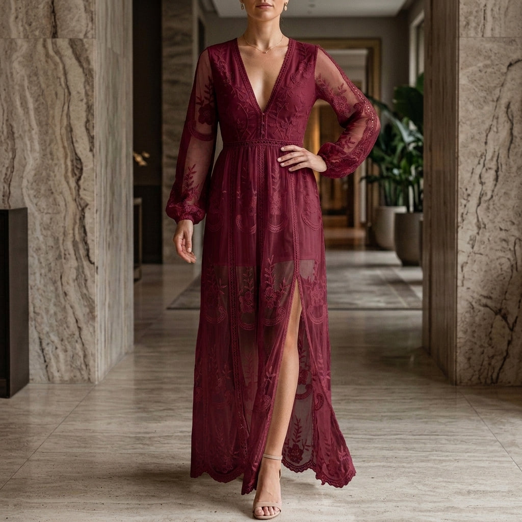 Willa Lace Maxi Dress - Women's Balloon Sleeve Dress