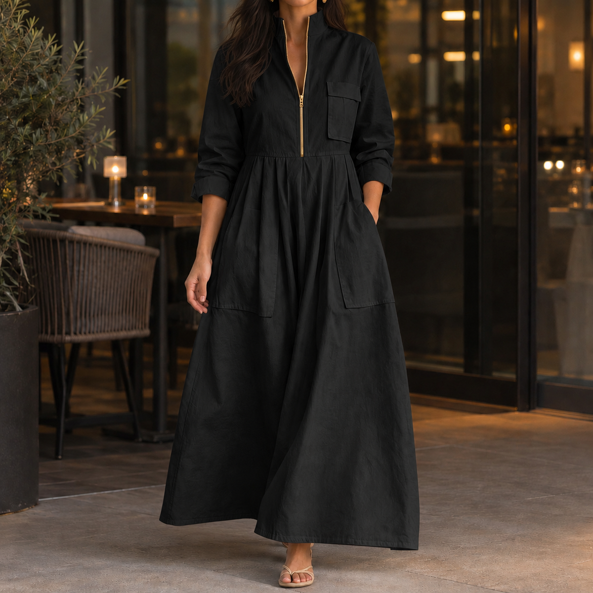 Guinevere-Hope Half-Zip Maxi Dress - Women's Pocket Dress