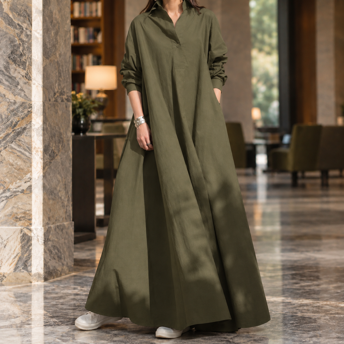 Abigail A-Line Maxi Dress - Women's Shirt Collar Dress