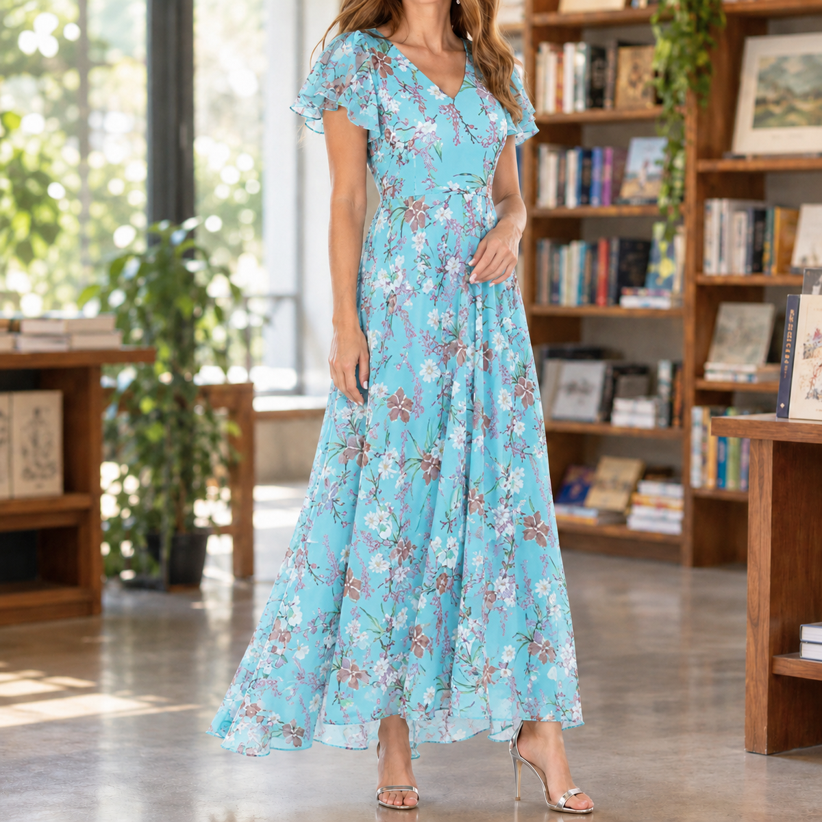 Daphne-Sage Floral Maxi Dress - Women's Flutter Sleeve Maxi