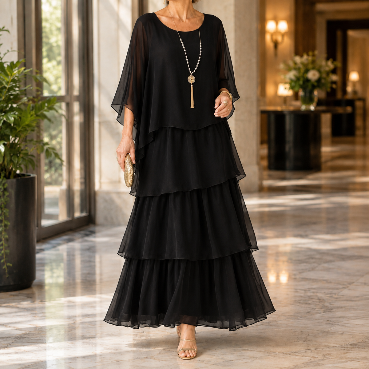 Theodora-Eve Layered Maxi Dress - Women's Cape Sleeve