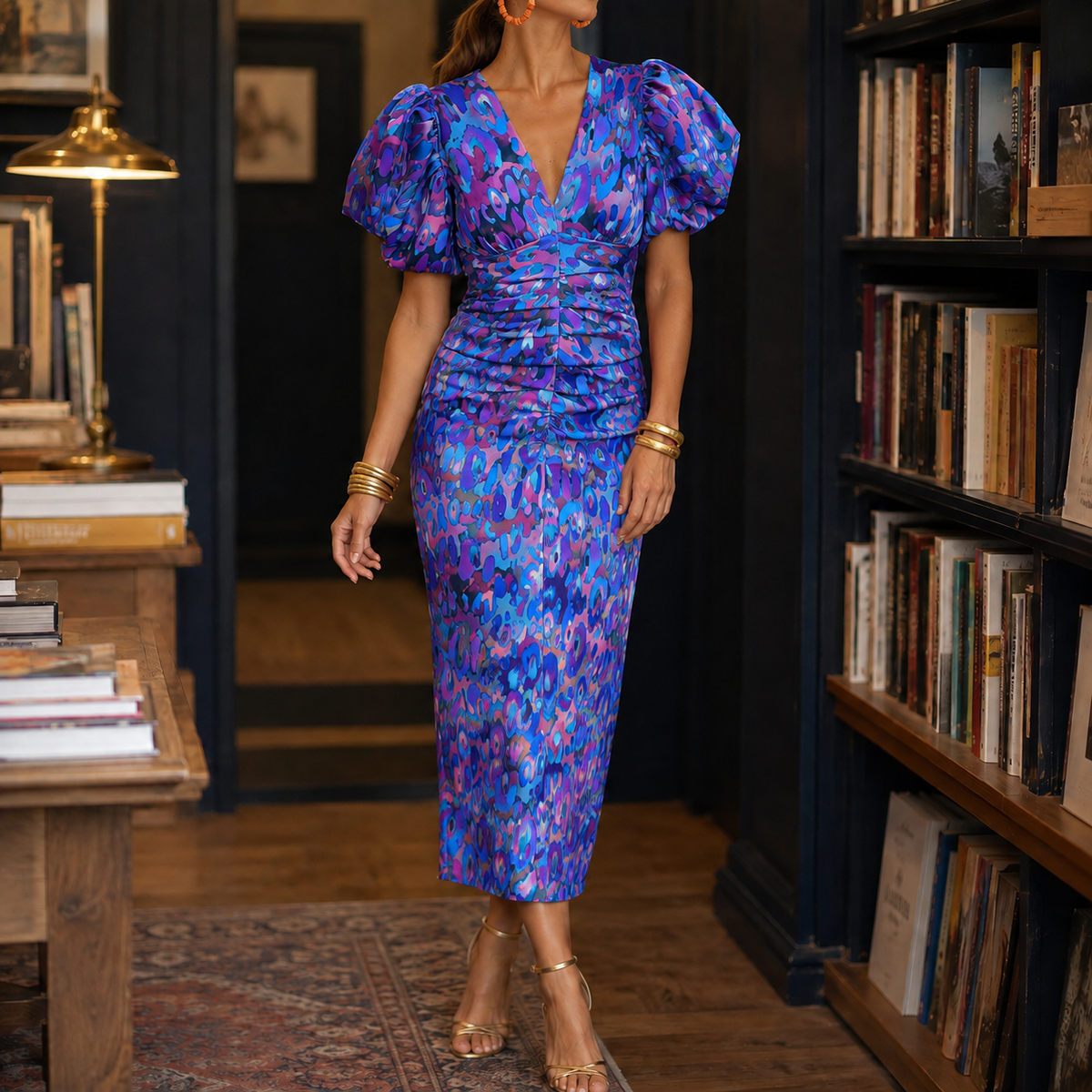 Greta-Mae V-Neck Dress - Women's Puff Sleeve Midi Dress