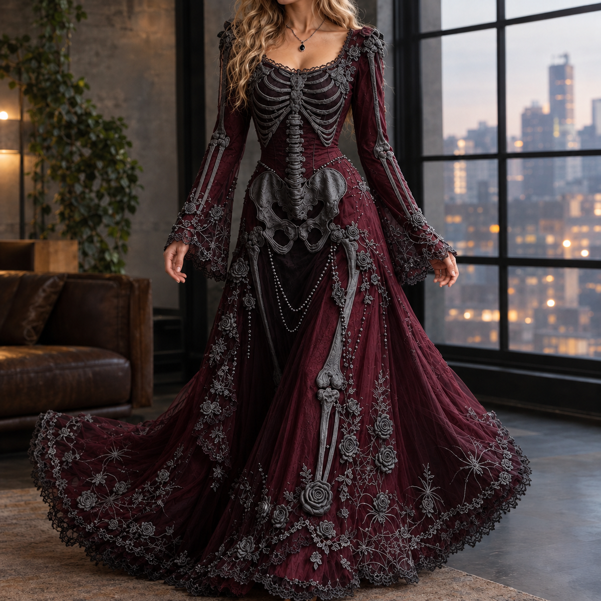 Lucinda-Elise Skeleton Maxi Dress - Women's Gothic Dress