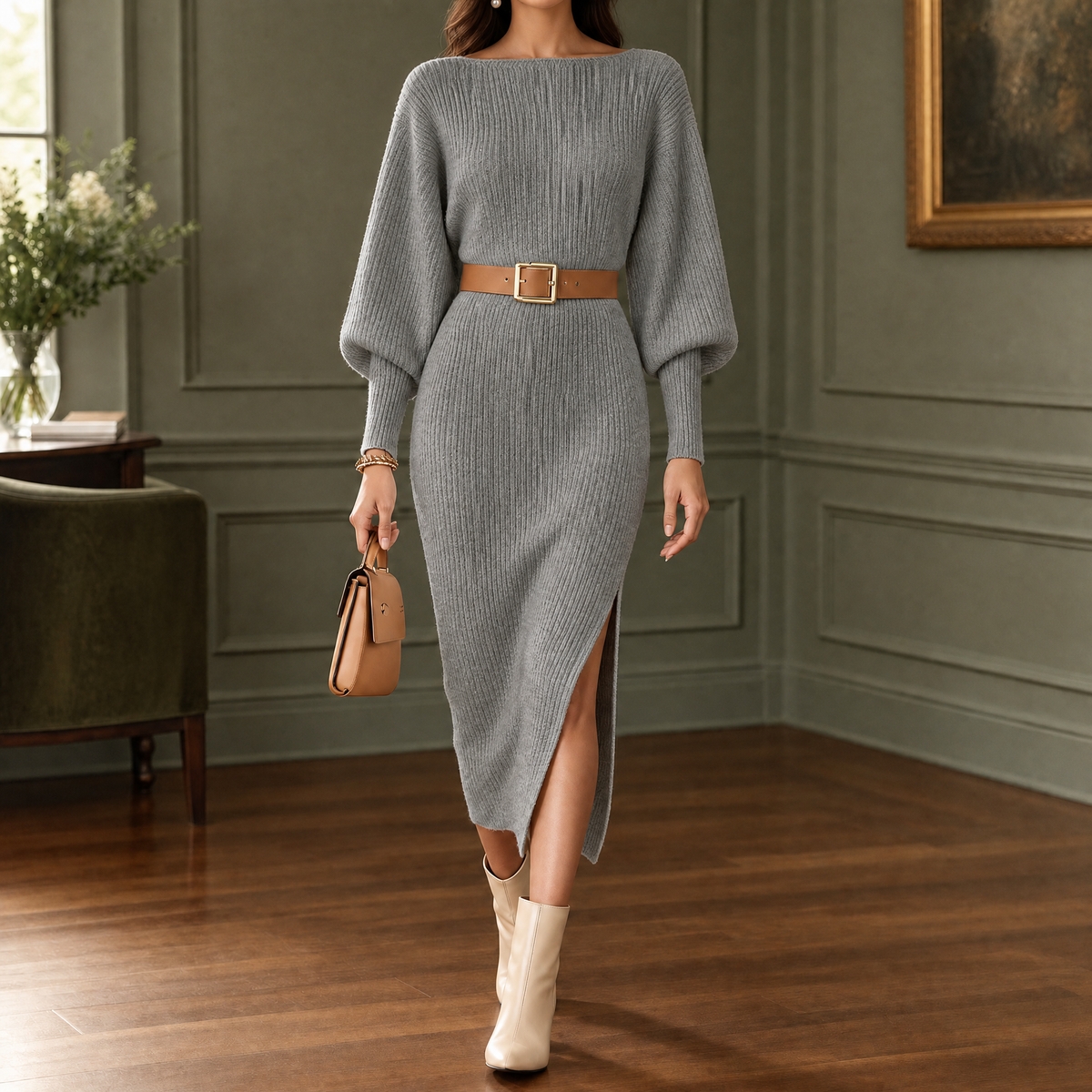 Naomi-Sage Ribbed Midi Dress - Women's Belted Knit Dress