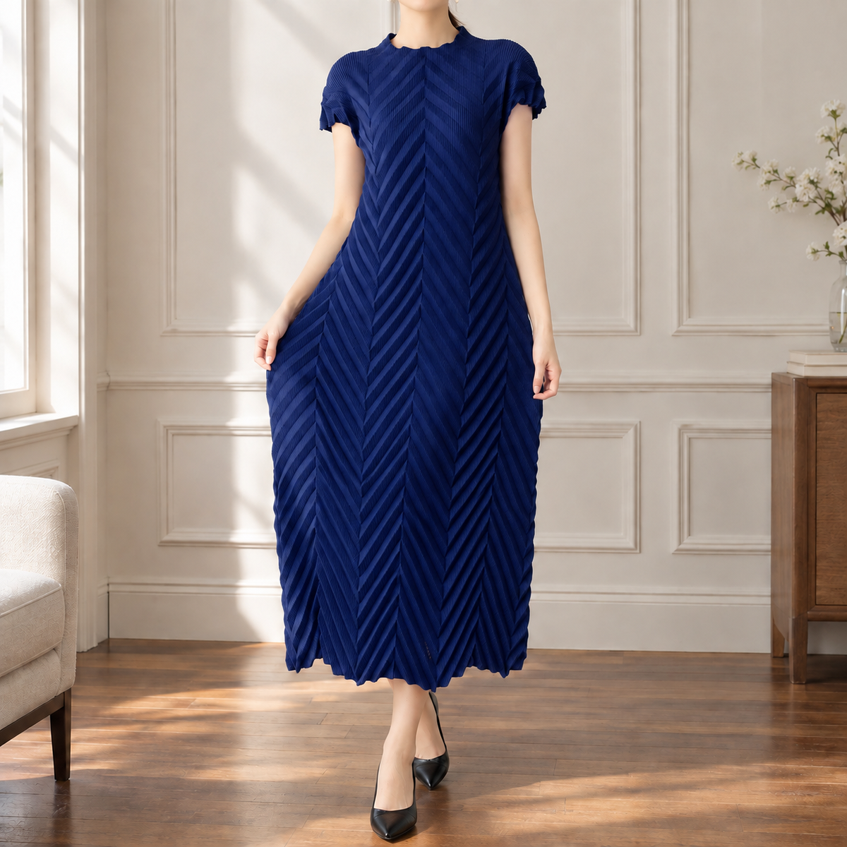 Cerys-Elise Chevron Dress - Women's Pleated Midi Dress