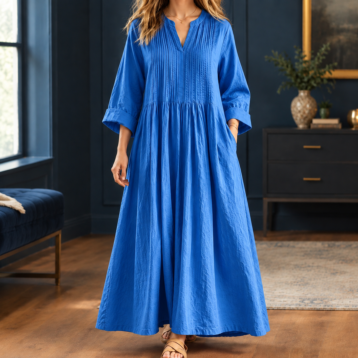 Violetta-Jade Pintuck Maxi Dress - Women's Loose Dress