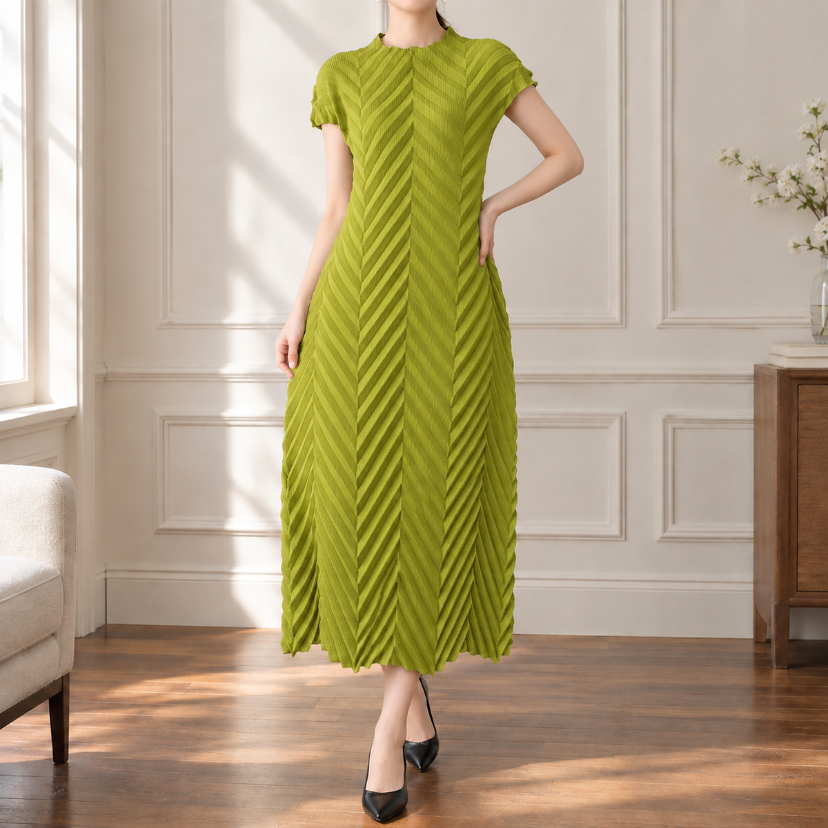 Cerys-Elise Chevron Dress - Women's Pleated Midi Dress