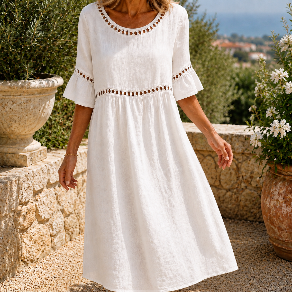 Estella-Rae Eyelet Midi Dress - Women's Linen Midi Dress