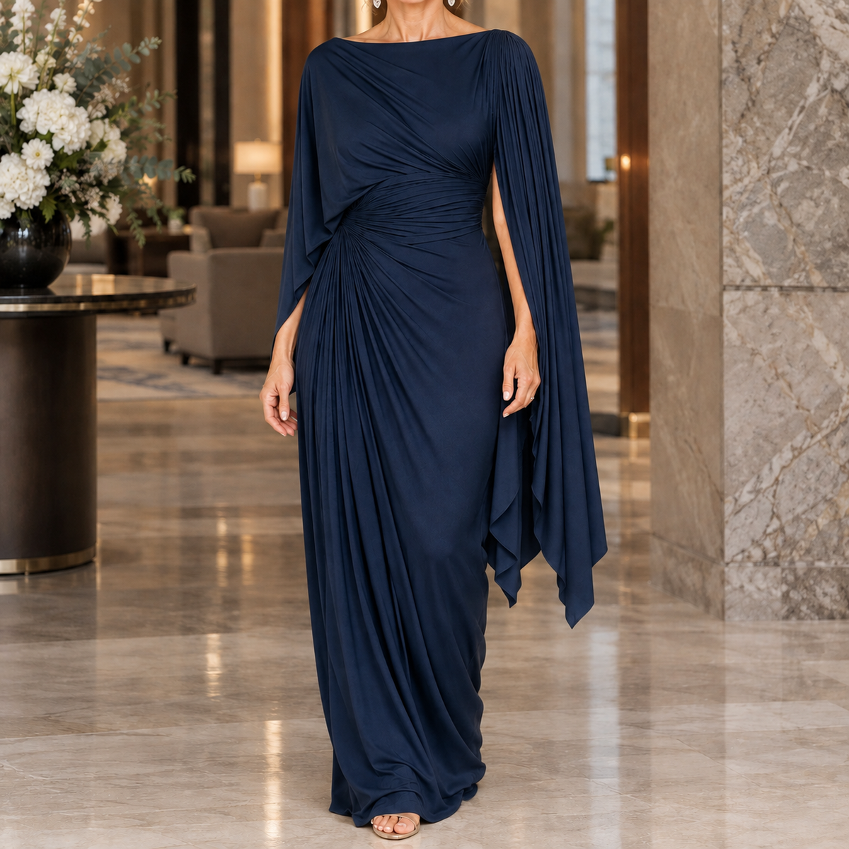 Annabel-Hope Ruched Cape Dress - Women's Maxi Gown