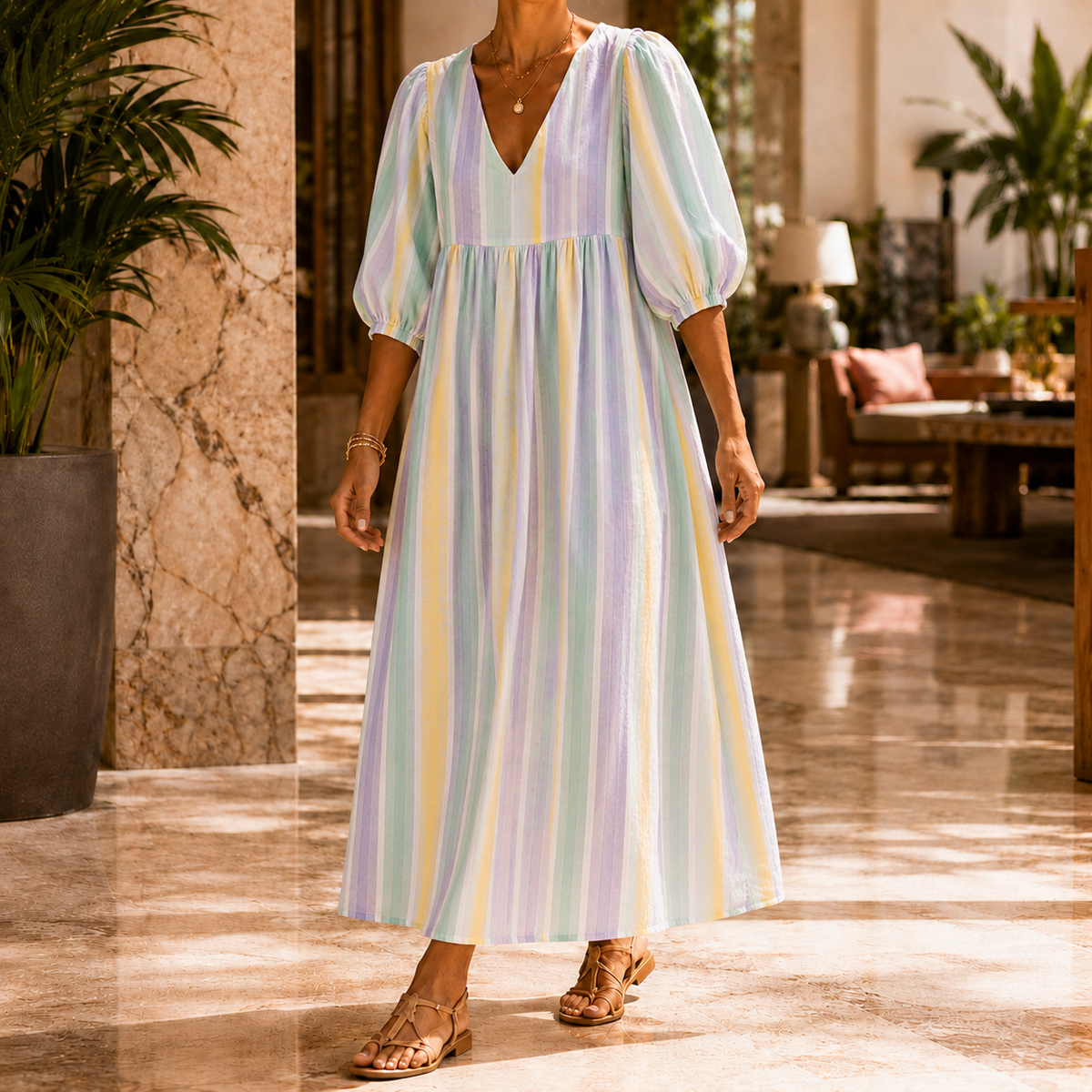Audrey Striped Midi Dress - Balloon Sleeve Women's Dress