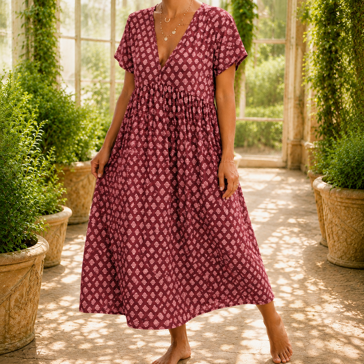 Sabina-Claire Printed Dress - Women's V Neck Day Dress