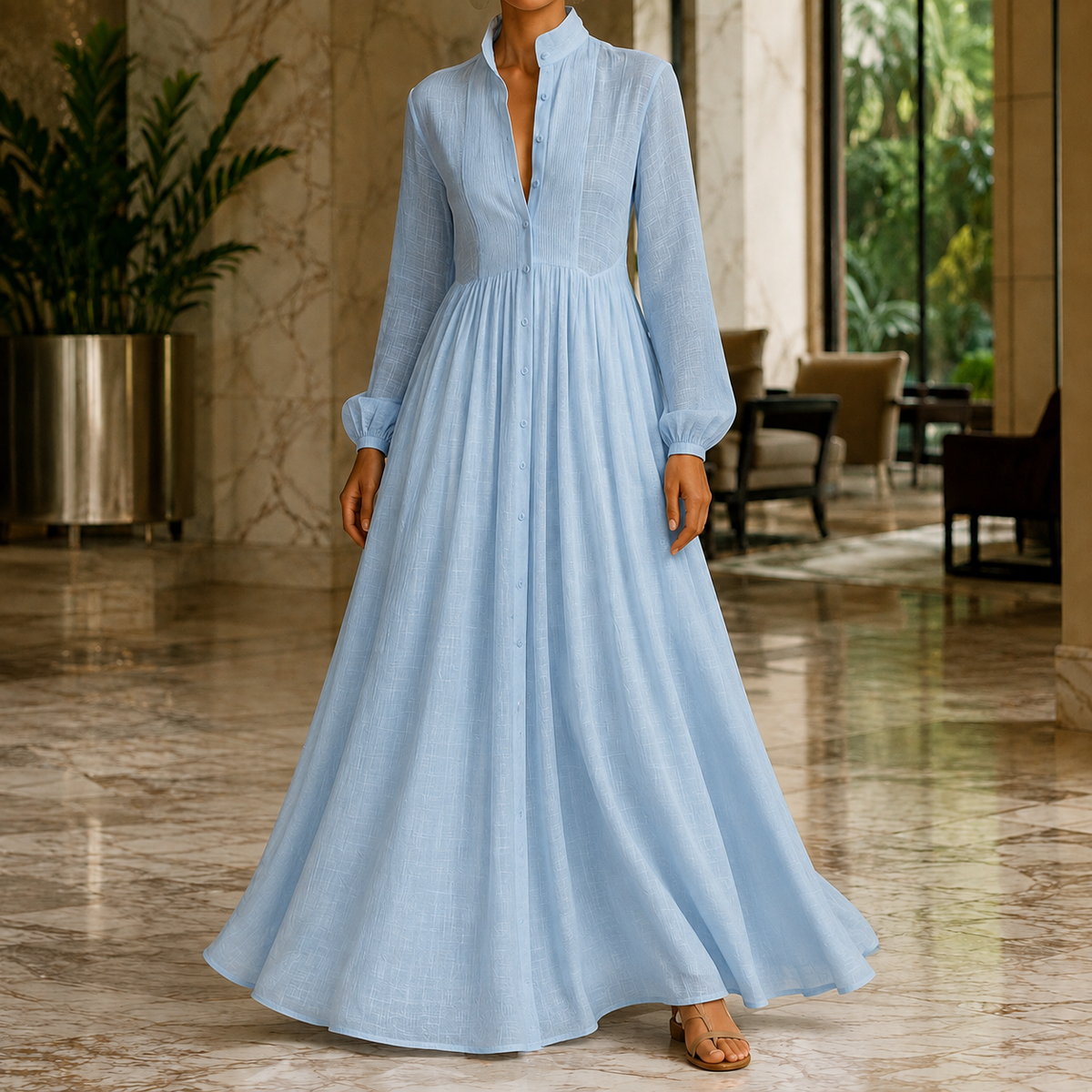 Evangeline Button-Front Maxi Dress - Women's Cotton Linen