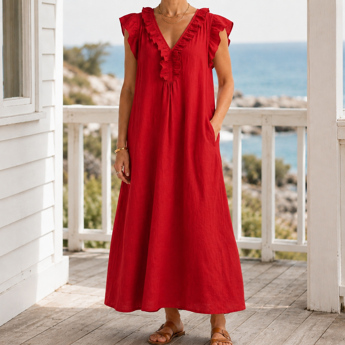 Carmen-Eve Ruffle Maxi Dress - Women's Linen Maxi Dress
