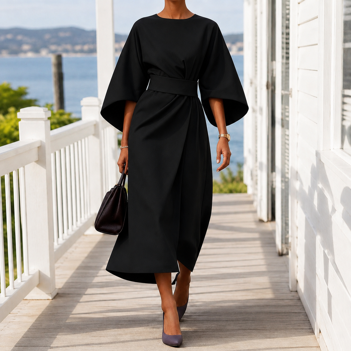 Astrid-Hope Belted Midi Dress - Women's Cape Sleeve Dress