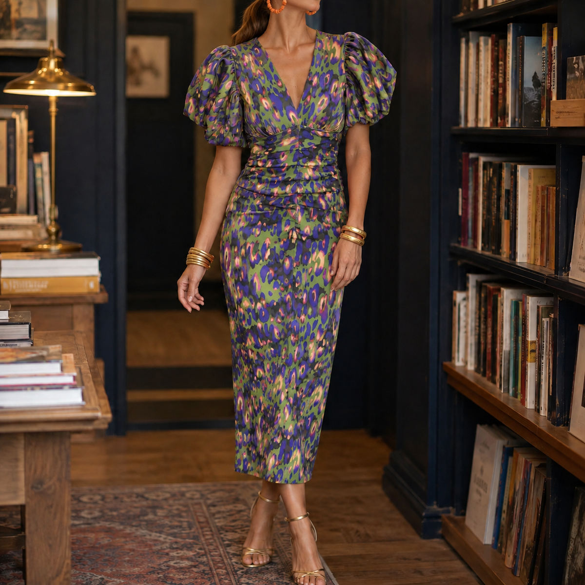 Greta-Mae V-Neck Dress - Women's Puff Sleeve Midi Dress