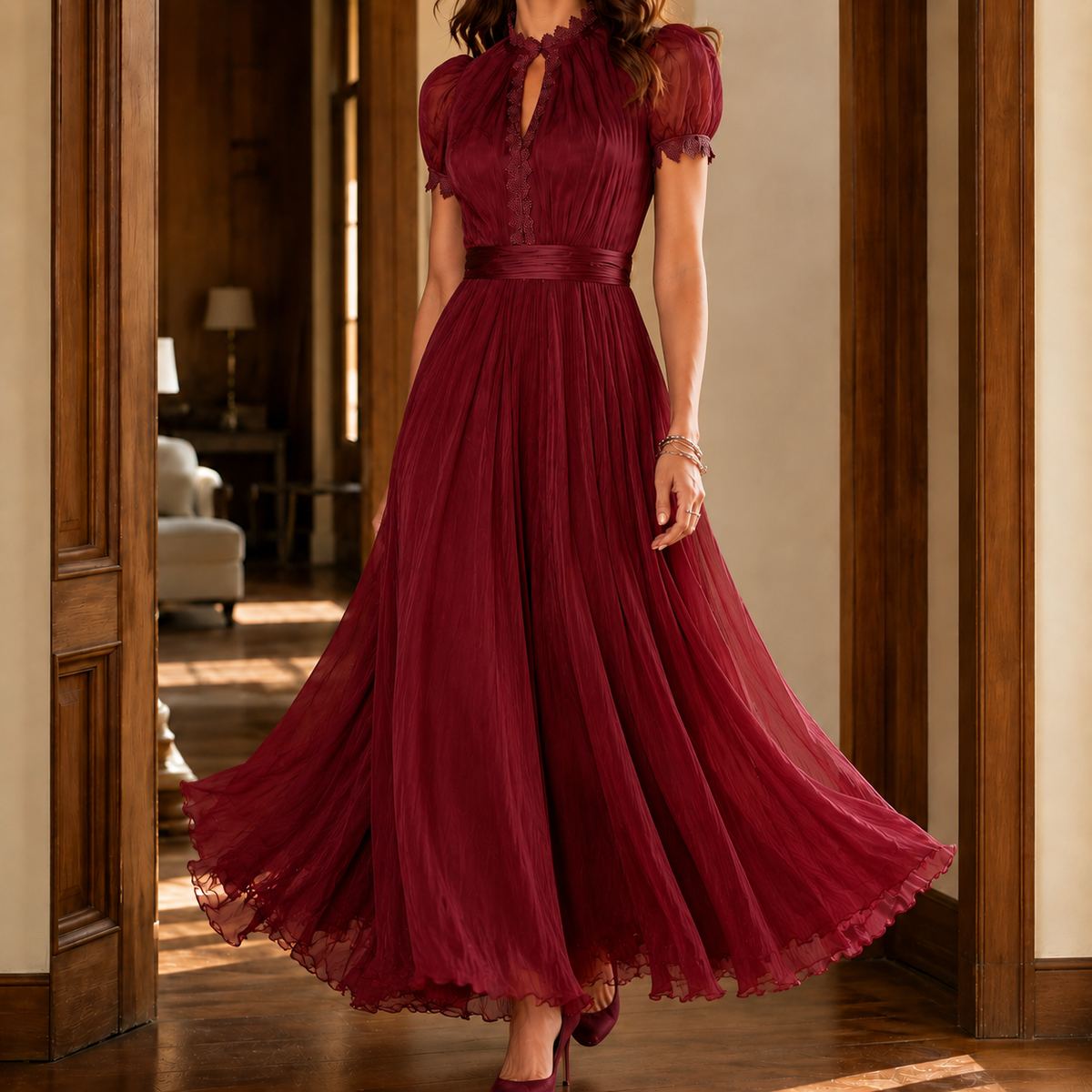 Theodora-Mae Keyhole Maxi Dress - Women's Puff Sleeve Dress
