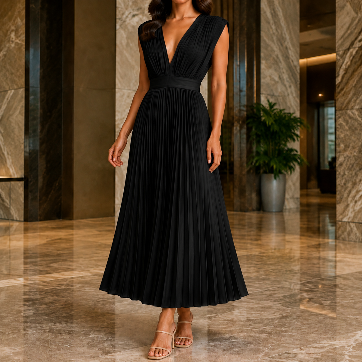 Marisol-Skye Pleated Maxi Dress - Women's V-Neck Dress
