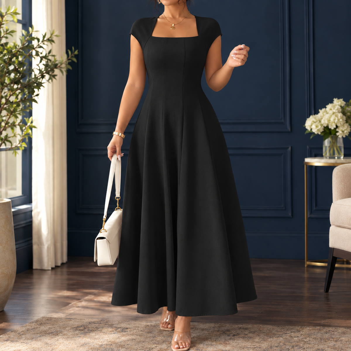 Zenobia-Belle A-Line Dress - Women's Square Neck Dress