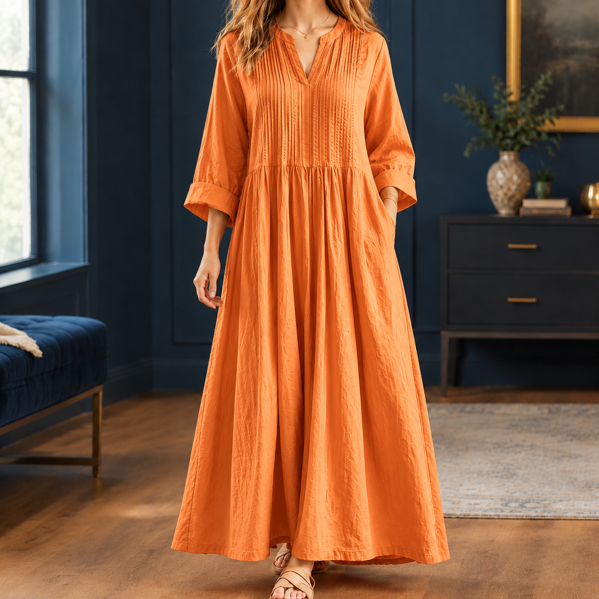 Violetta-Jade Pintuck Maxi Dress - Women's Loose Dress