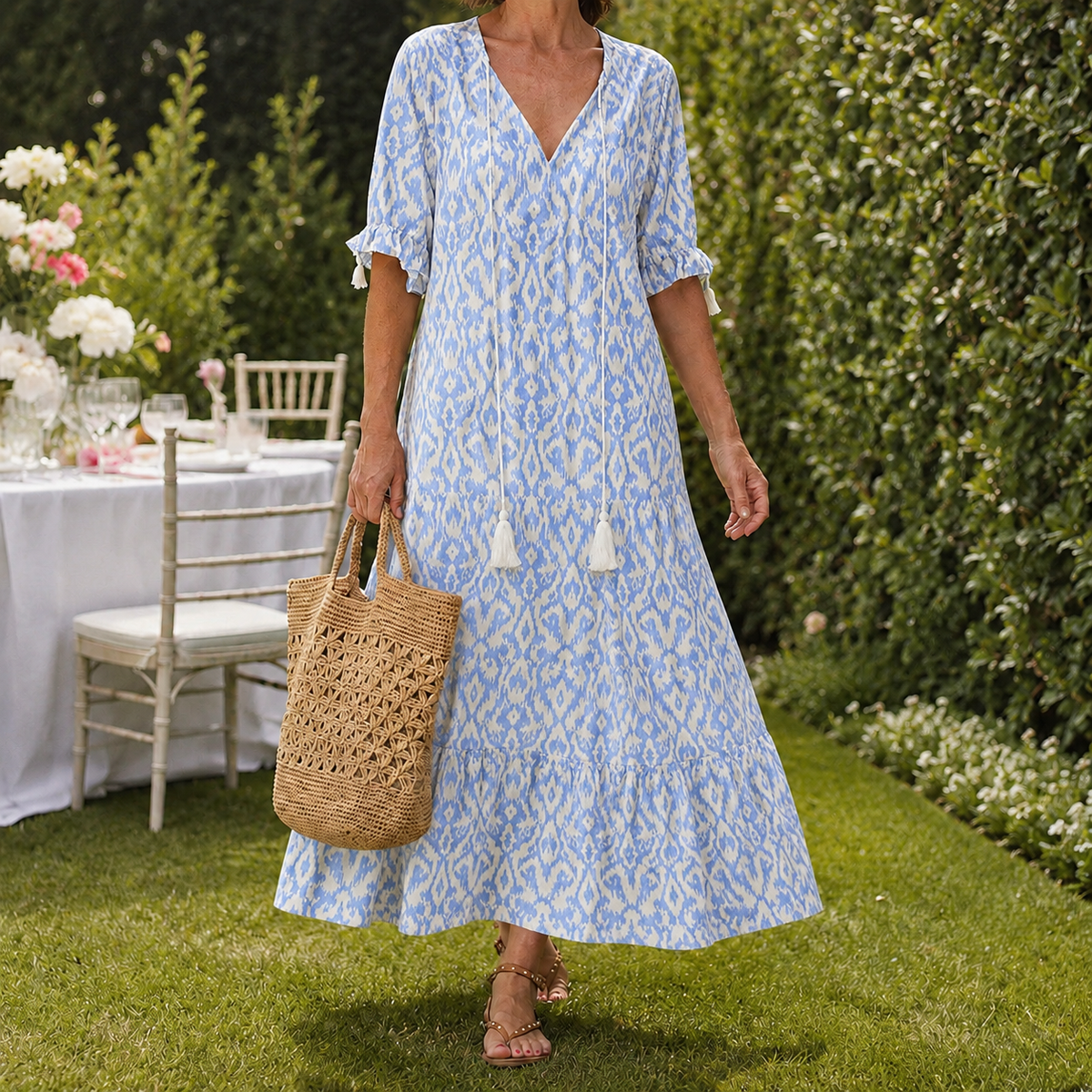 Ada Ikat Maxi Dress - Women's Tassel Tie V-Neck Dress