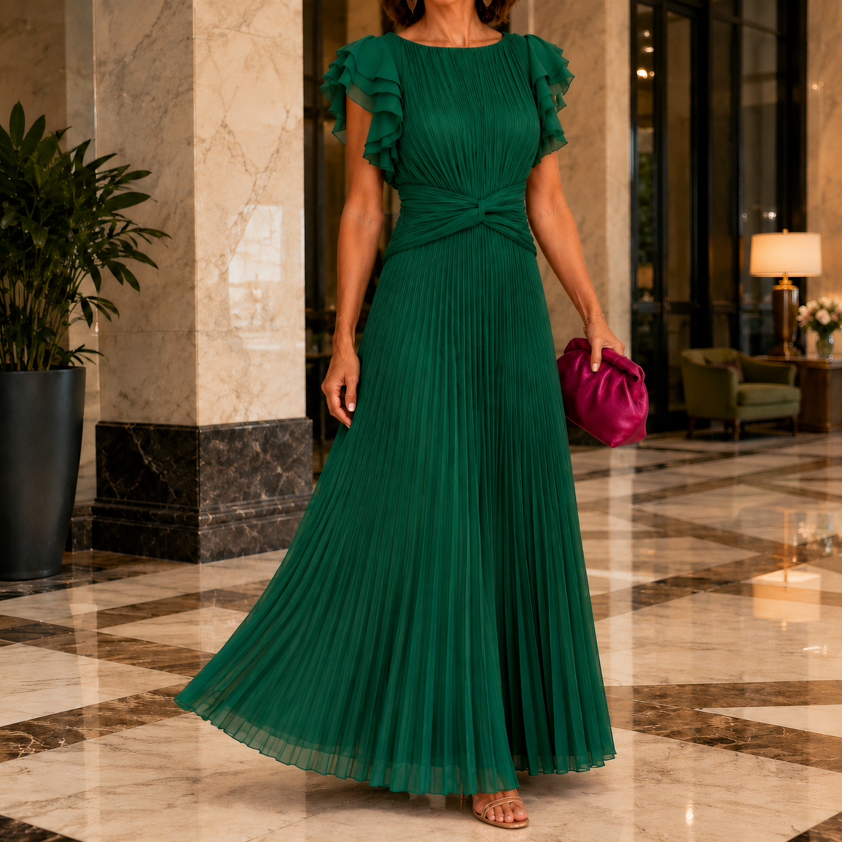 Renata-Jade Pleated Dress - Women's Twist Waist Maxi Dress
