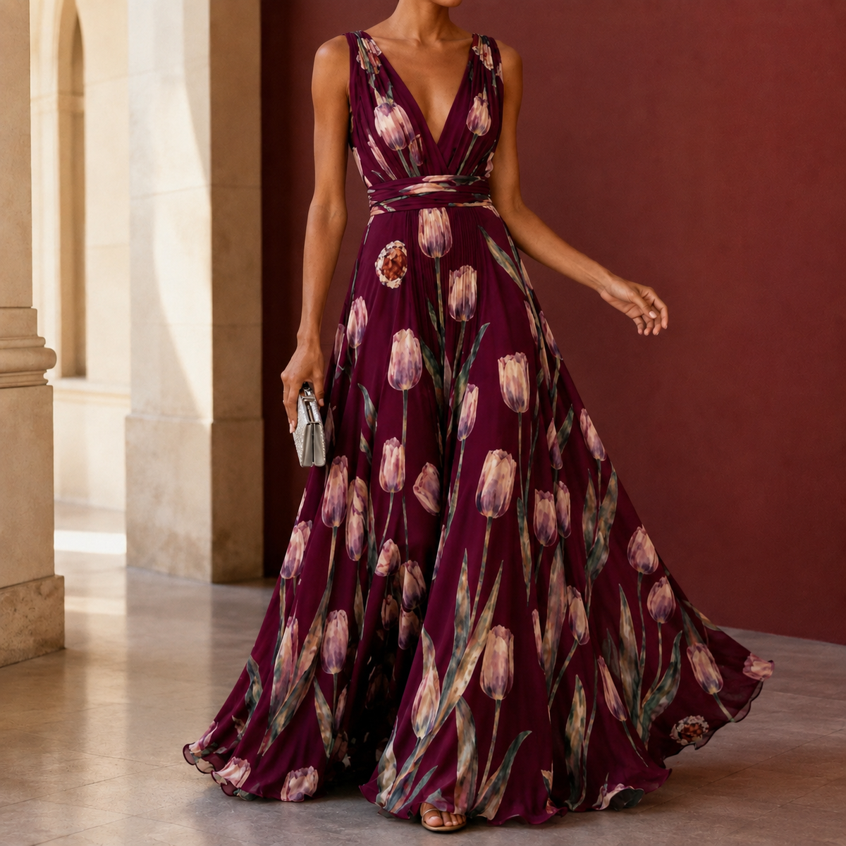 Annabel-Lane Plunge Maxi Dress - Women's Print Dress