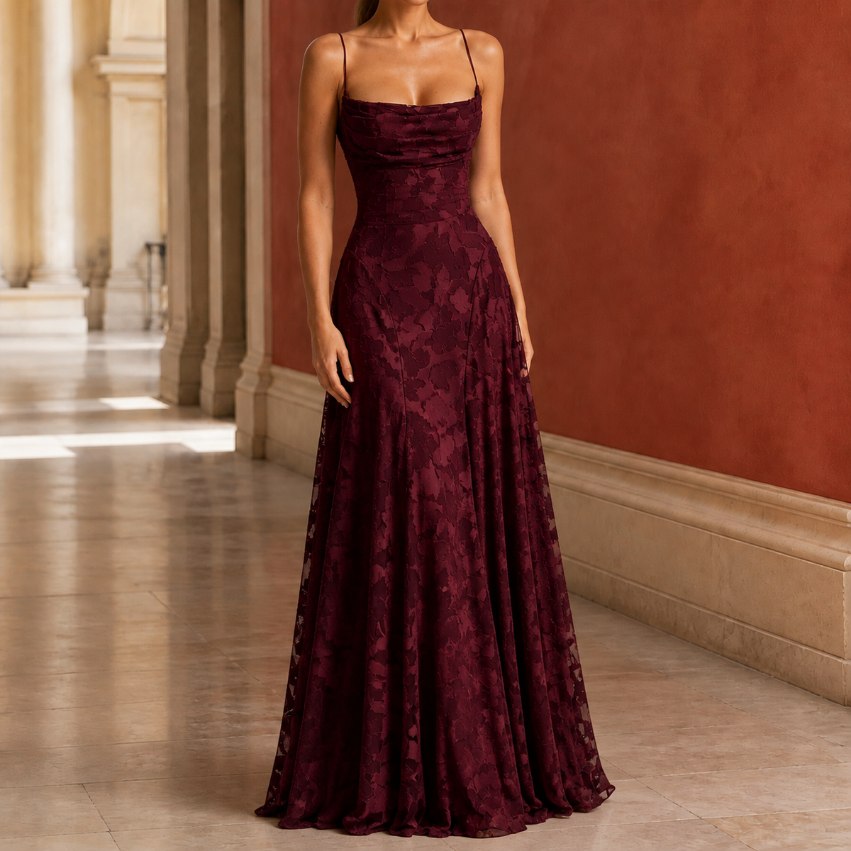 Celeste-Kate Cowl Maxi Dress - Women's Lace-Up Back Gown
