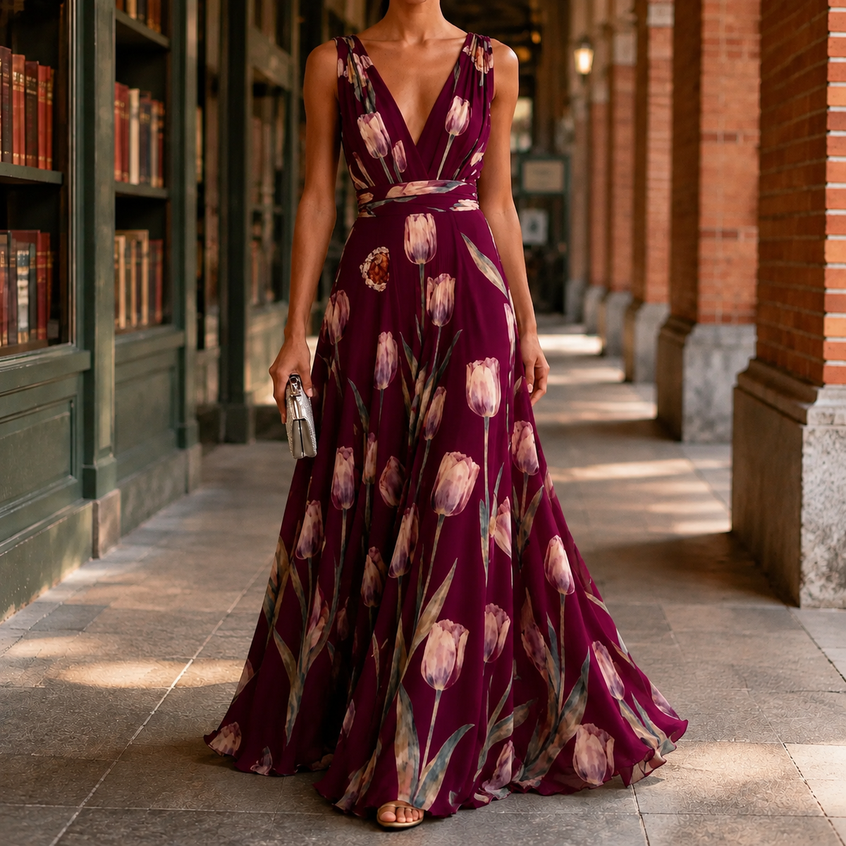 Annabel-Lane Deep V Dress - Women's Floral Maxi Dress
