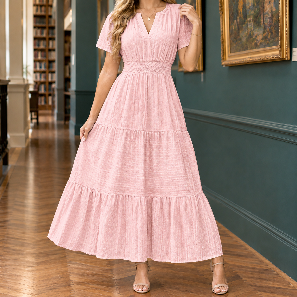 Sabina-Skye Tiered Midi Dress - Women's Shirred Waist Dress
