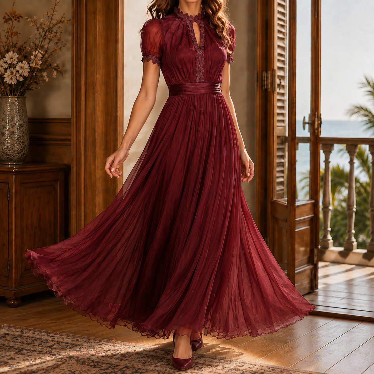 Theodora-Mae Keyhole Maxi Dress - Women's Puff Sleeve