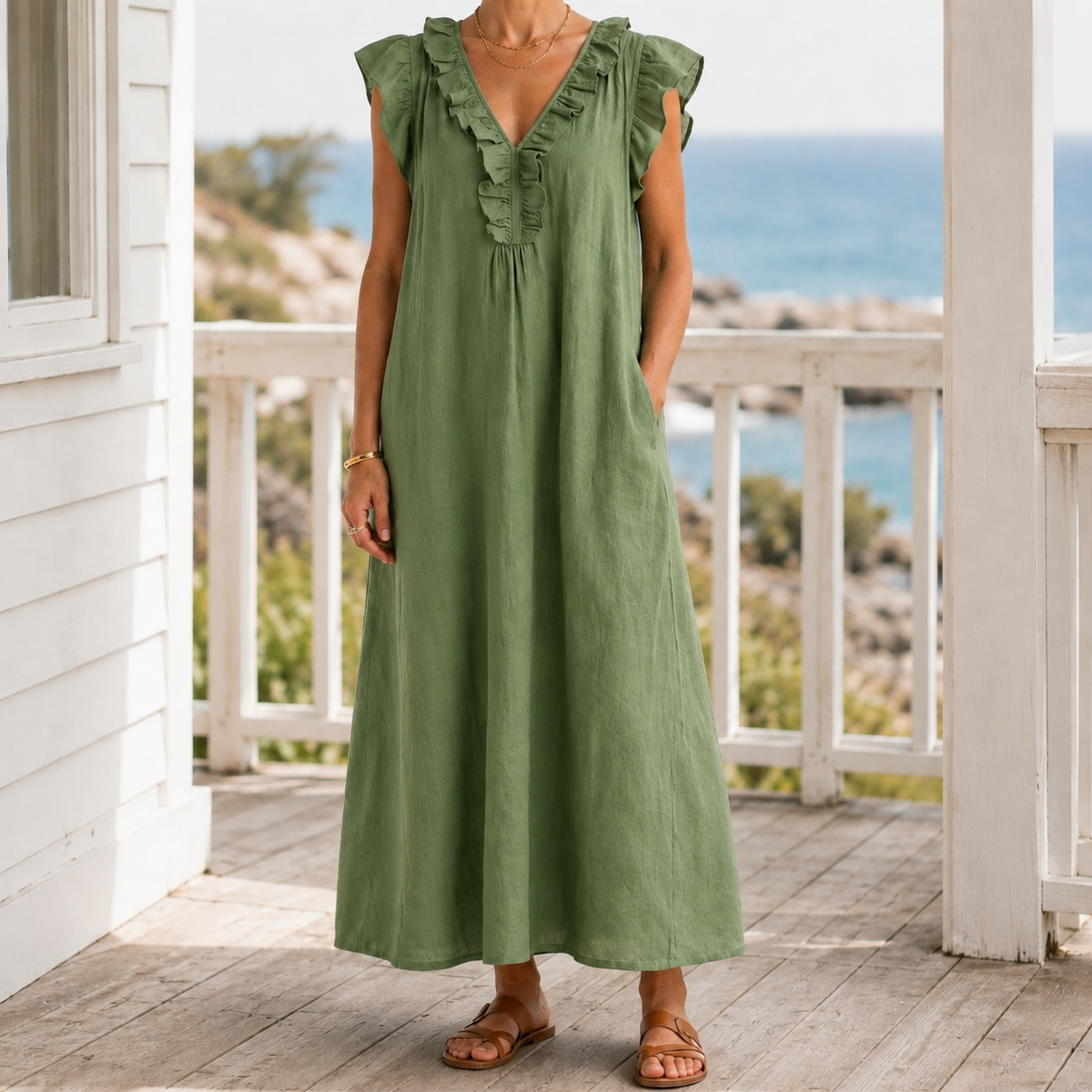 Carmen-Eve Ruffle Maxi Dress - Women's Linen Maxi Dress
